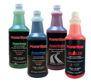 PowerBoss PowerGreen, PowerClean, PowerSauce and Blazin chemical bottles